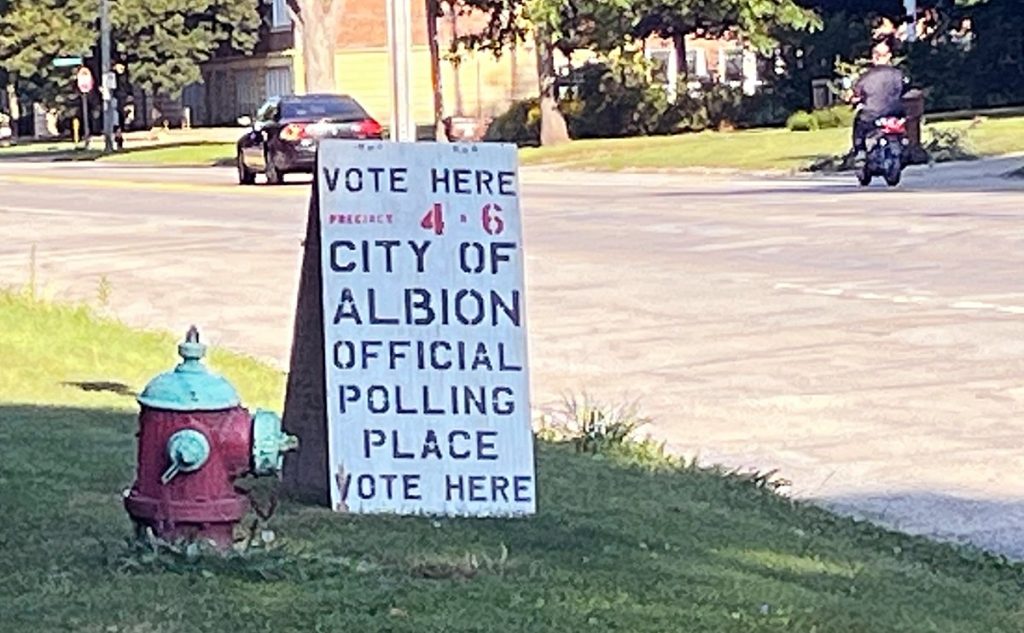Polling place sign along Michigan Avenue Albion