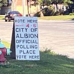 Polling place sign along Michigan Avenue Albion