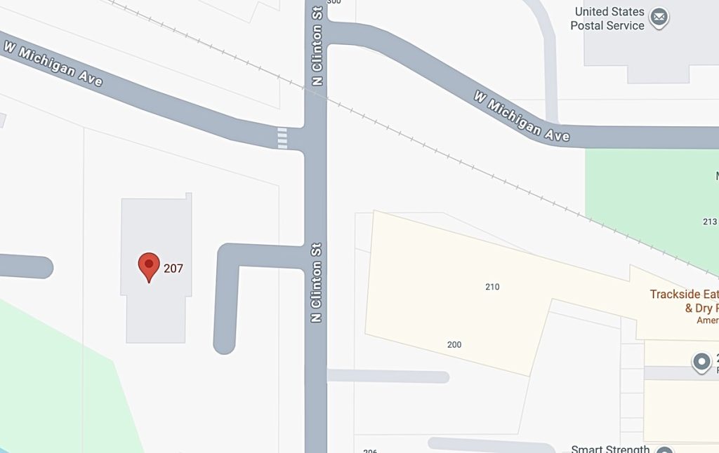 Map showing Albion City Fire Station at 207 N. Clinton St., across from the South Michigan Food Bank Mobile Market location.