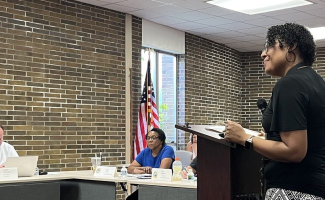 Ebony Gill, Albion Recreation coordinator, reports on summer programs during Monday’s council meeting. Council member Lenn Reid is on the left.